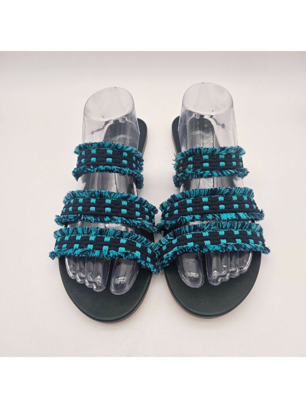Rothys Triple Strap Fringe Slip On Sandals Blue Flats Womens Sz 10.5 NEW